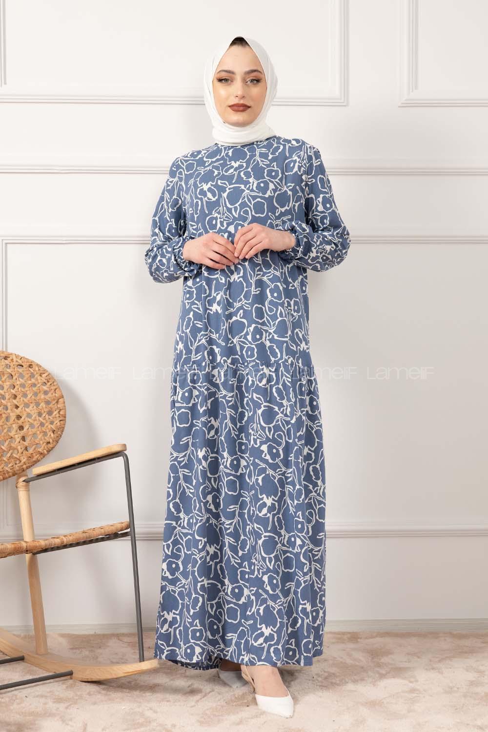 Modalamelif Kol Lastikli Soyut Desen Dokuma Elbise İndigo