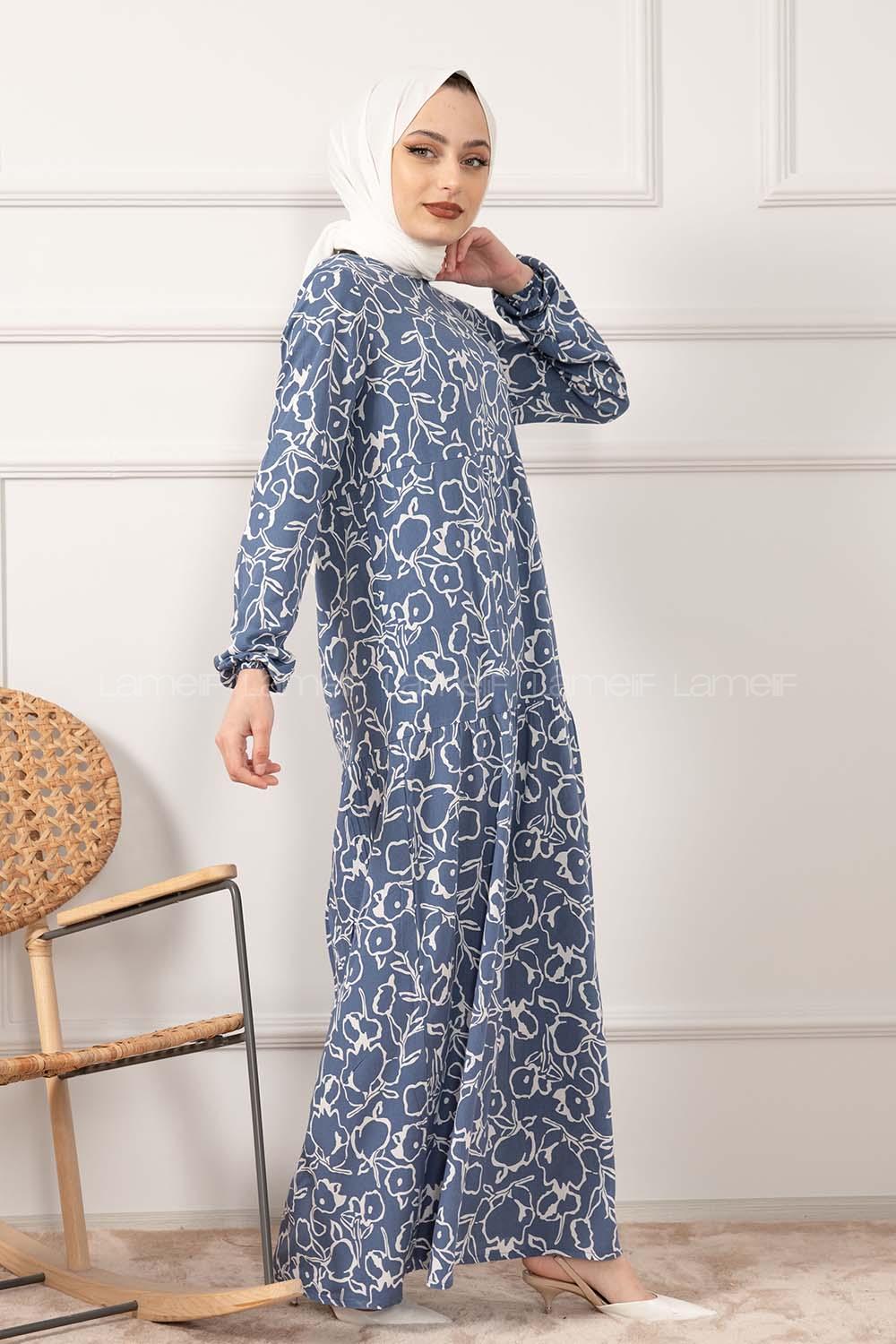 Modalamelif Kol Lastikli Soyut Desen Dokuma Elbise İndigo