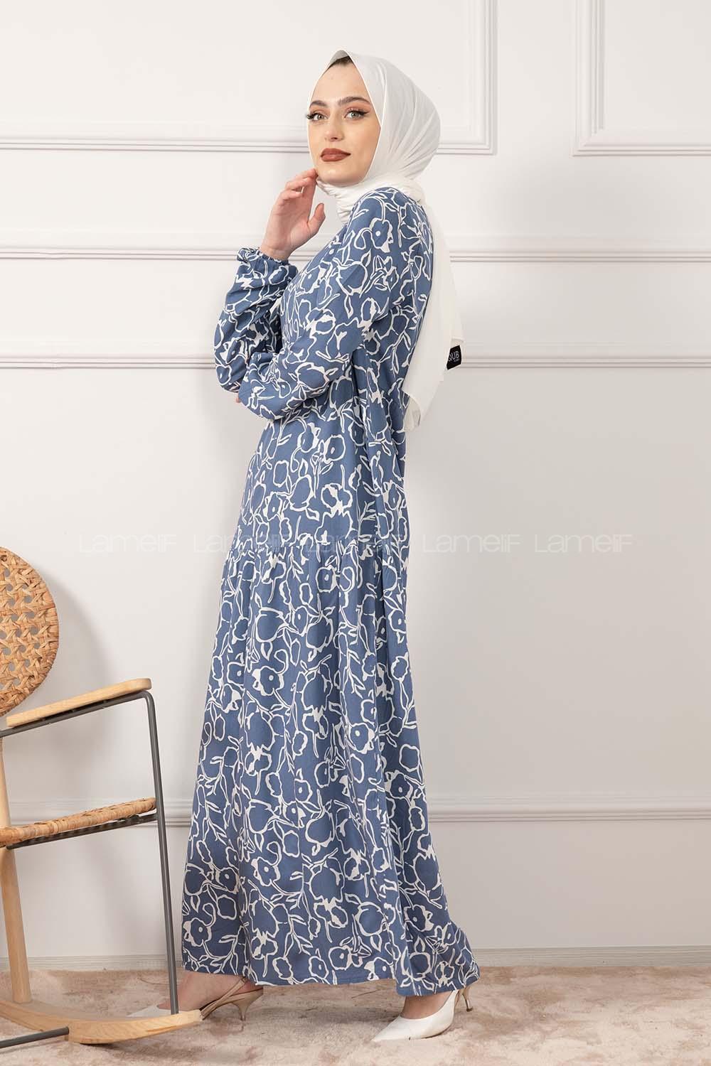 Modalamelif Kol Lastikli Soyut Desen Dokuma Elbise İndigo