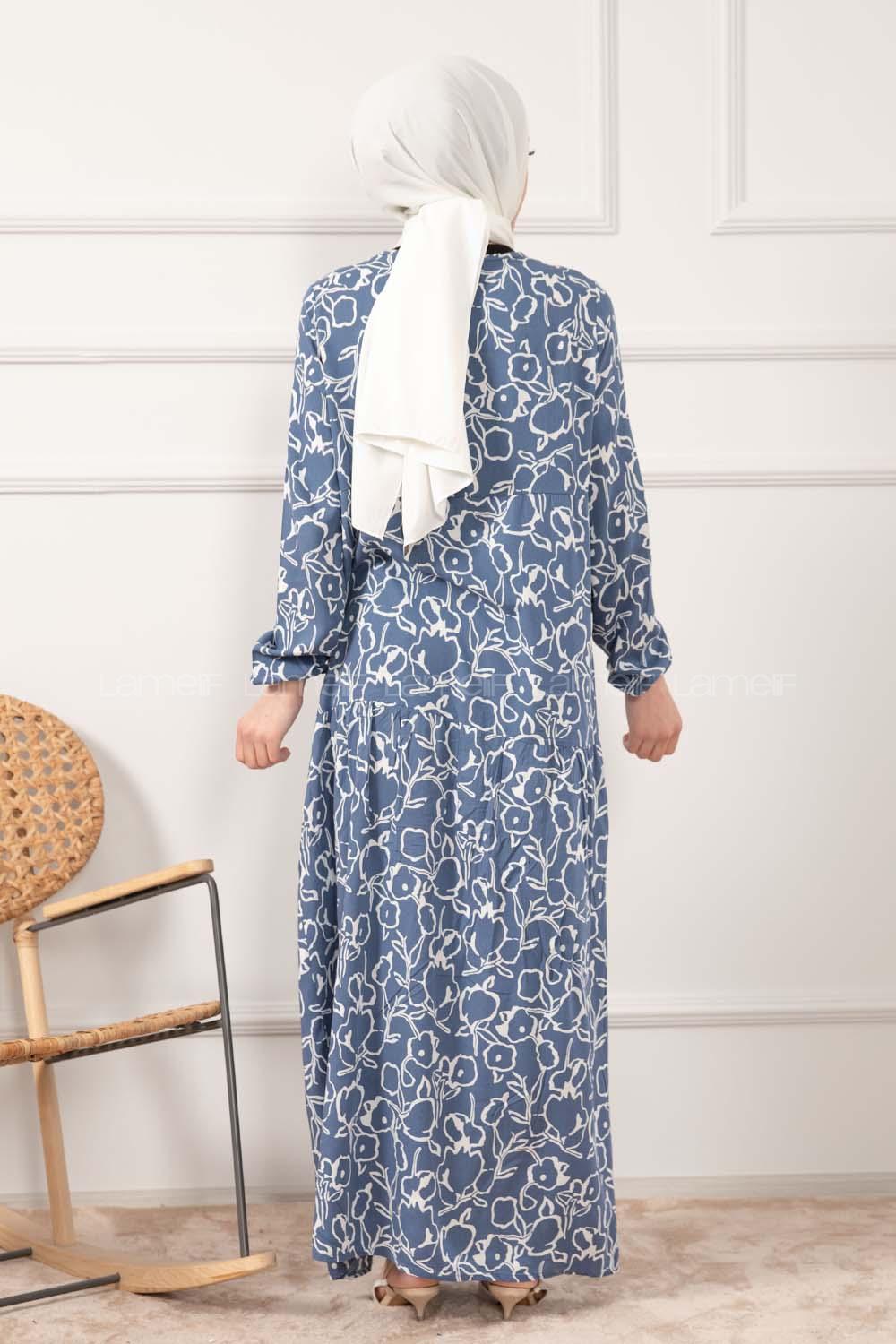 Modalamelif Kol Lastikli Soyut Desen Dokuma Elbise İndigo