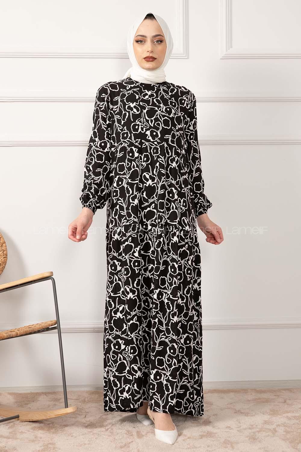 Modalamelif Kol Lastikli Soyut Desen Dokuma Elbise Siyah