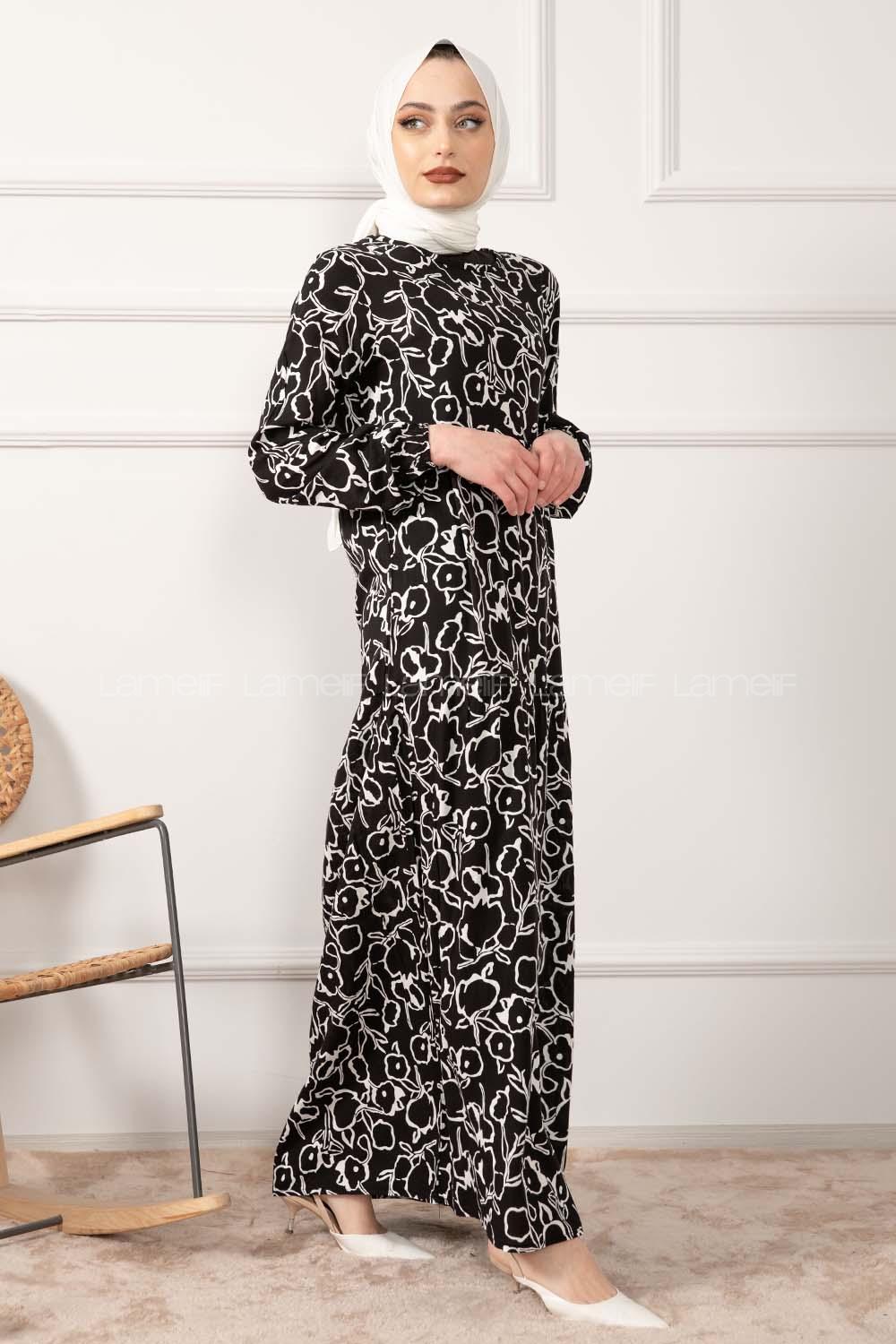 Modalamelif Kol Lastikli Soyut Desen Dokuma Elbise Siyah