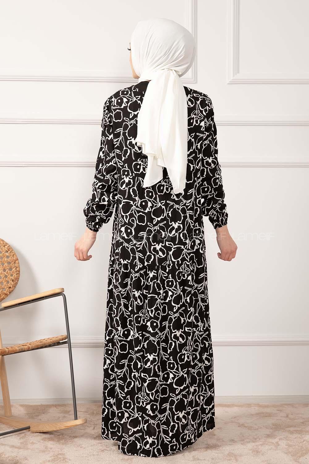 Modalamelif Kol Lastikli Soyut Desen Dokuma Elbise Siyah