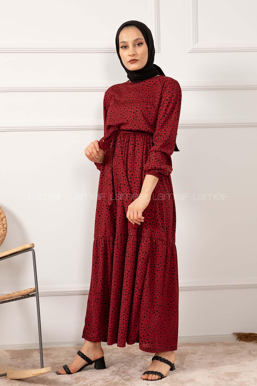 Modalamelif Kuşaklı Puantiye Desen Pegasus Elbise Bordo