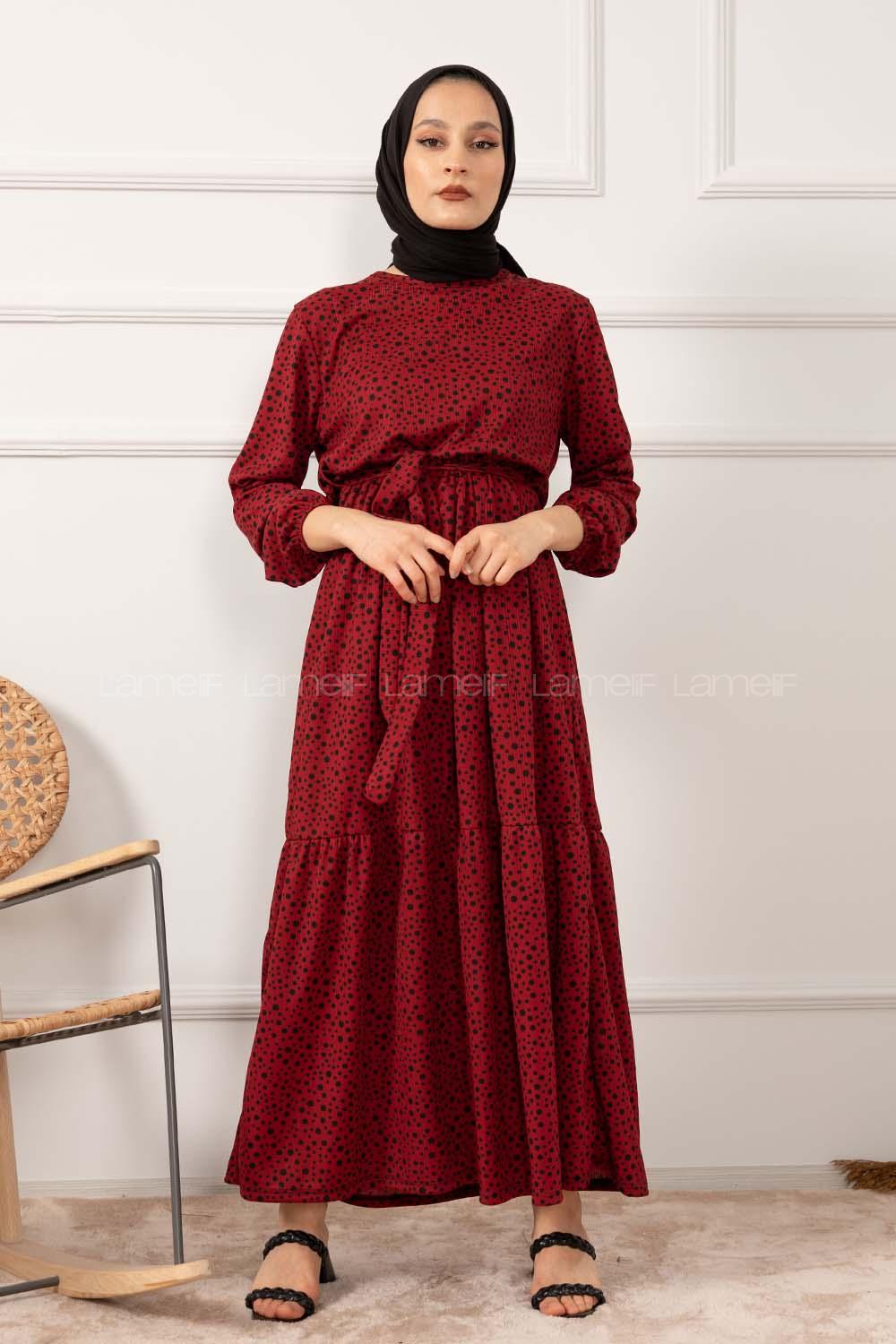 Modalamelif Kuşaklı Puantiye Desen Pegasus Elbise Bordo