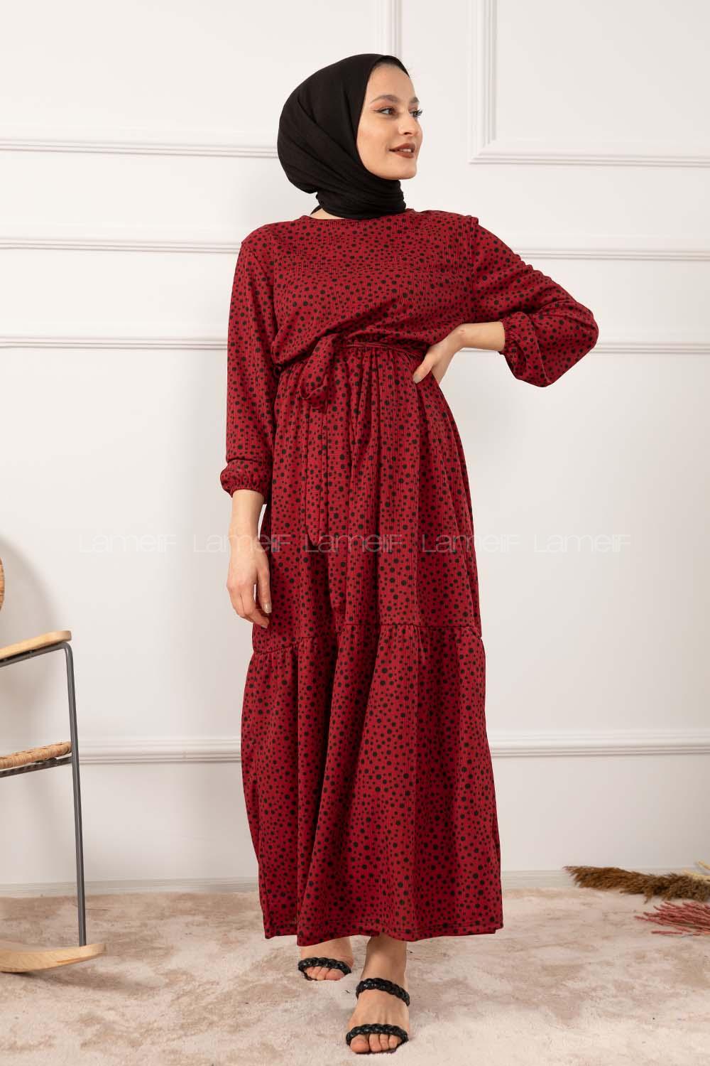 Modalamelif Kuşaklı Puantiye Desen Pegasus Elbise Bordo