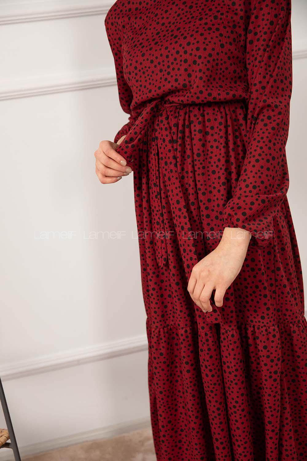 Modalamelif Kuşaklı Puantiye Desen Pegasus Elbise Bordo