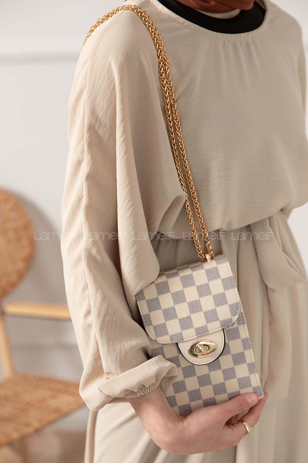 Modalamelif Messenger Dama Kapitone Baskı Çanta Krem