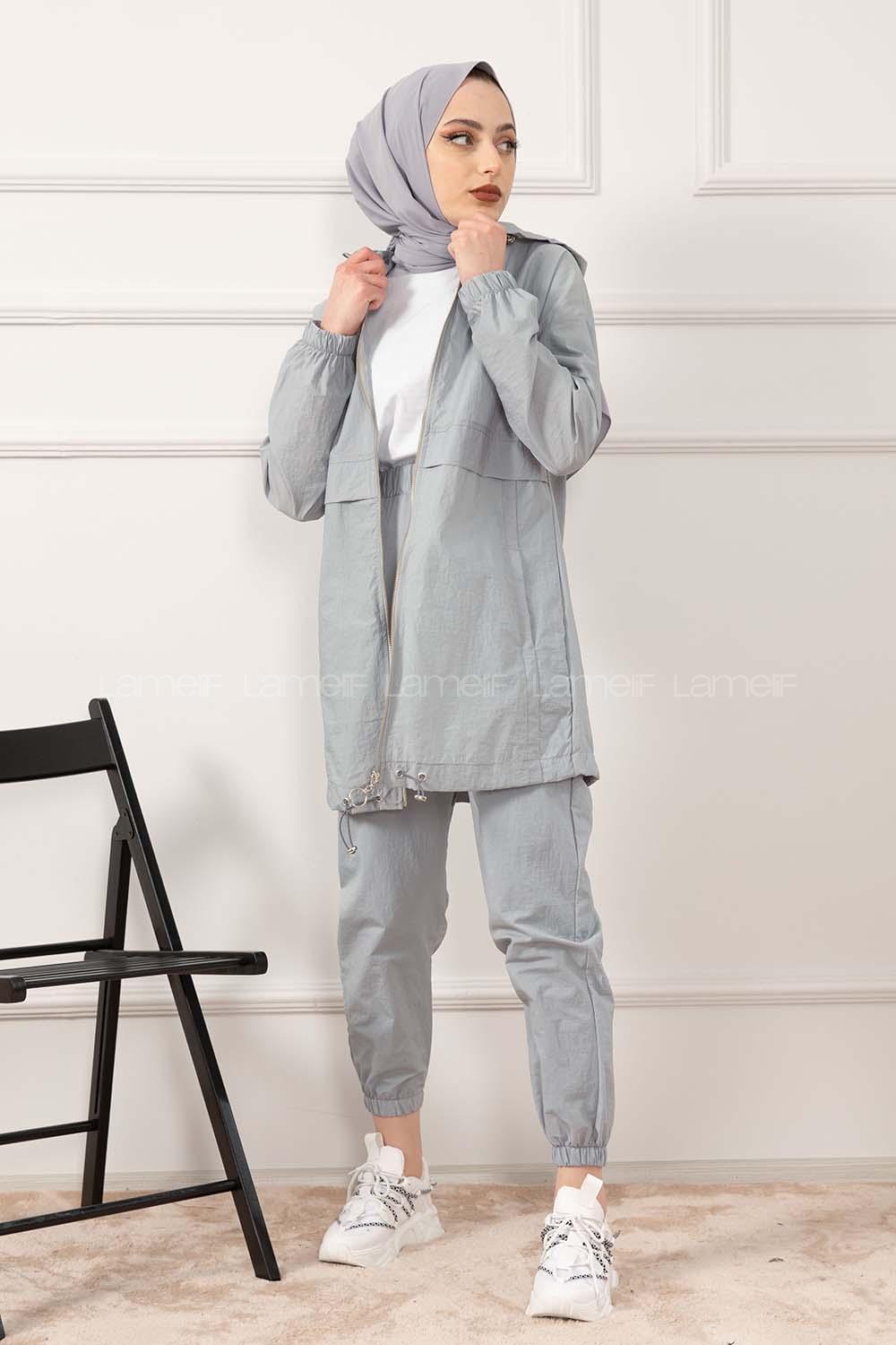 Modalamelif Önü Fermuarlı Kapşonlu İkili Takım Gri