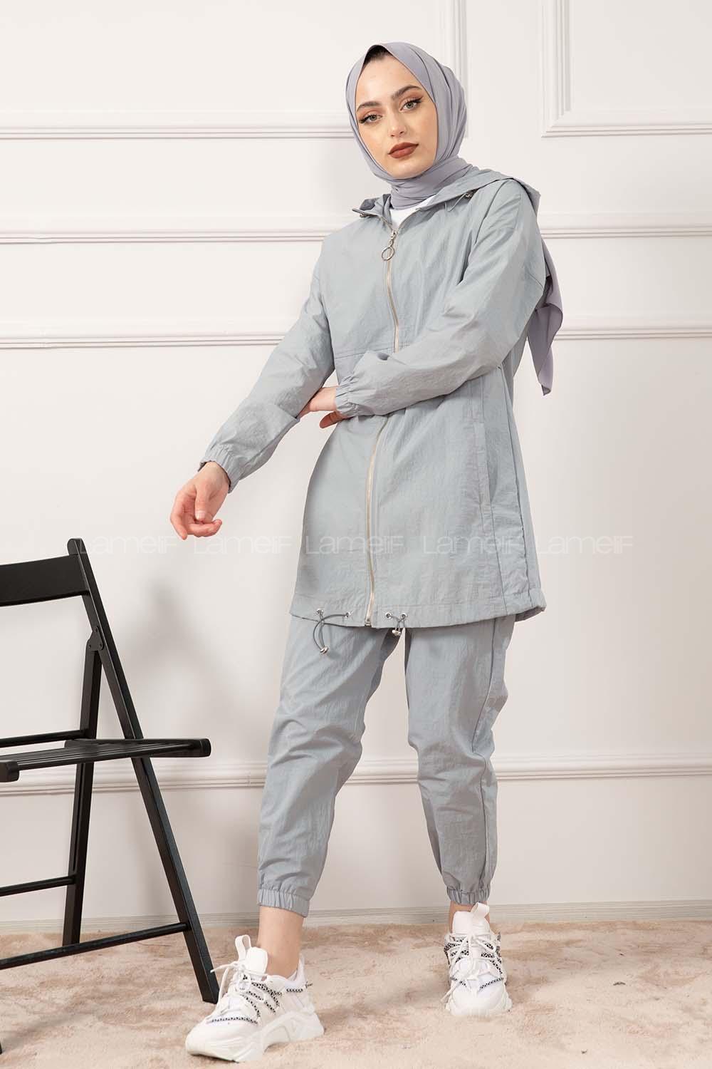 Modalamelif Önü Fermuarlı Kapşonlu İkili Takım Gri