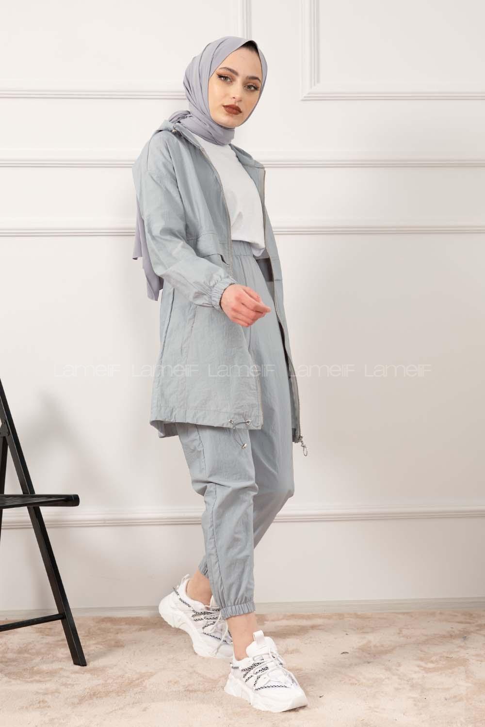 Modalamelif Önü Fermuarlı Kapşonlu İkili Takım Gri