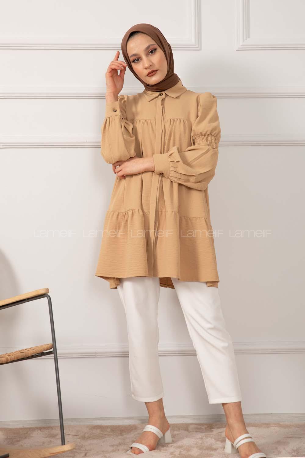 Modalamelif Önü Gizli Düğmeli Kol Lastikli Tunik Camel