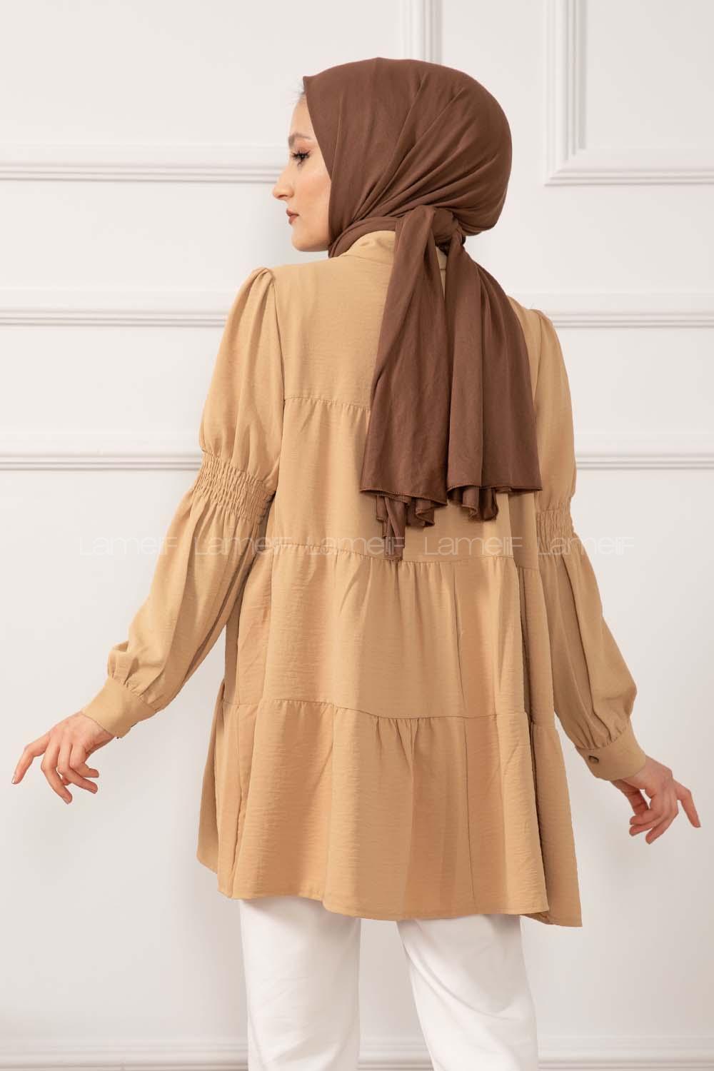 Modalamelif Önü Gizli Düğmeli Kol Lastikli Tunik Camel