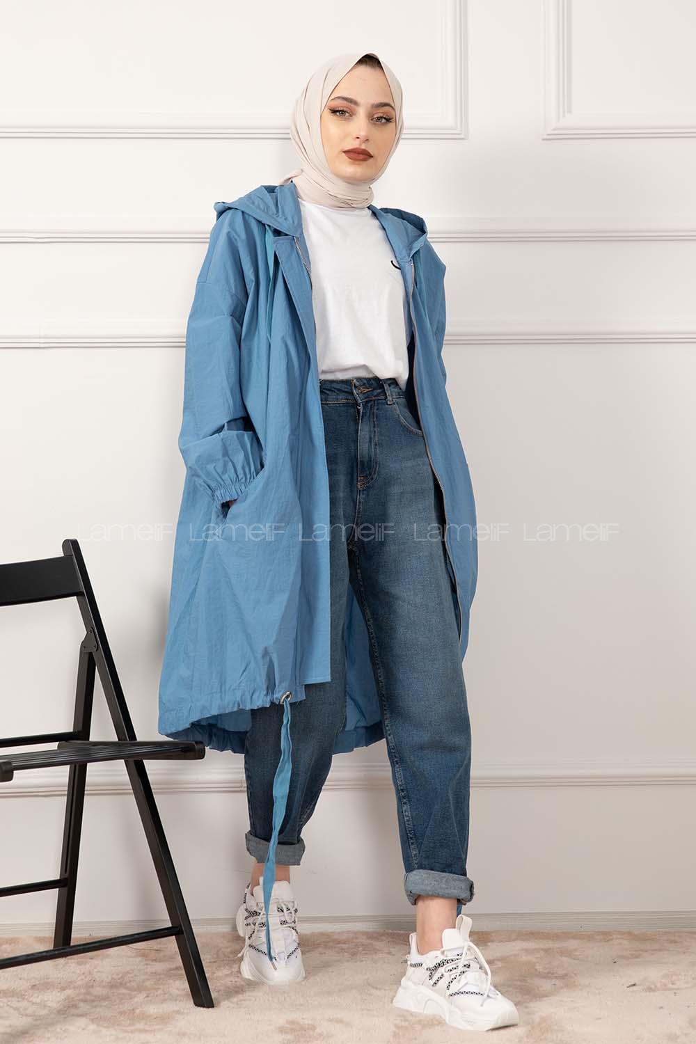 Modalamelif Önü Gizli Fermuarlı Kapşonlu Kap İndigo