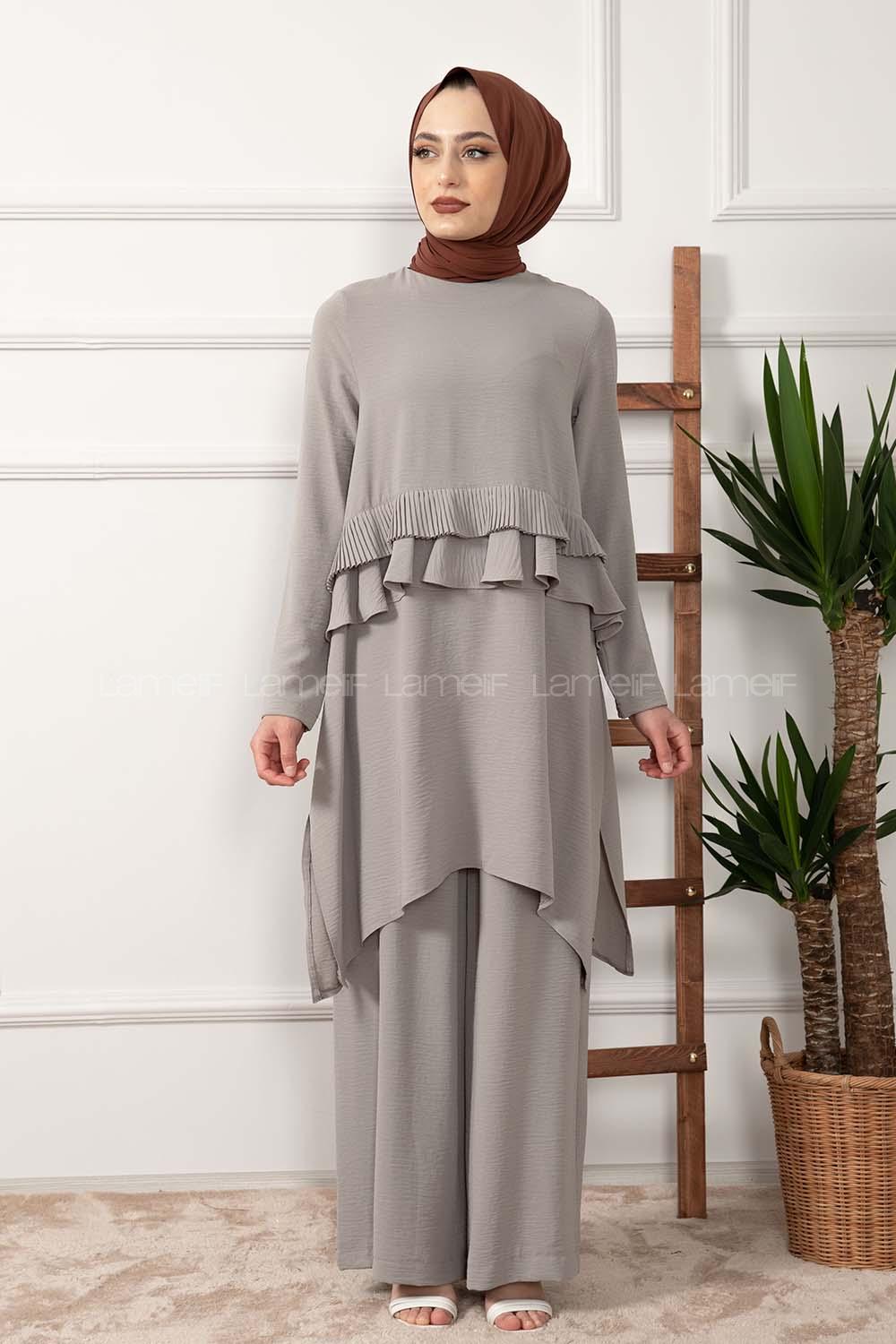 Modalamelif Önü Pile Fırfırlı İkili Takım Gri