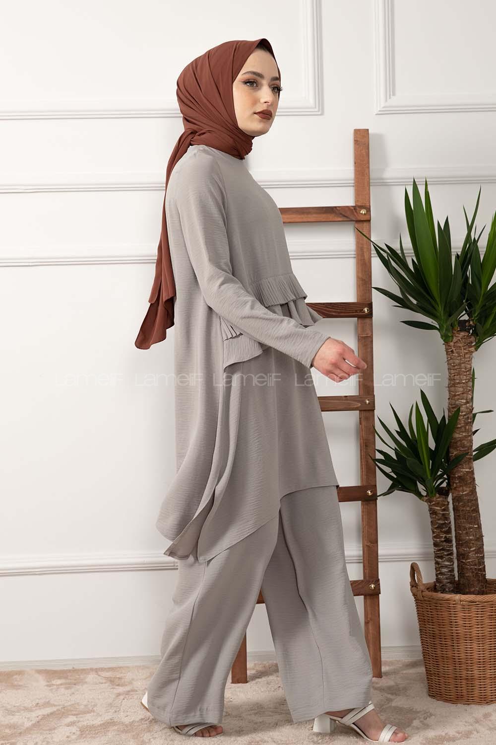 Modalamelif Önü Pile Fırfırlı İkili Takım Gri