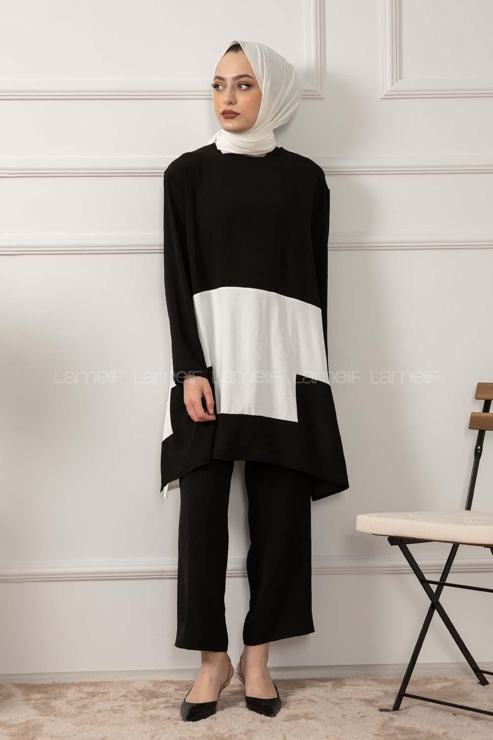 Modalamelif Renk Garnili İkili Takım Siyah