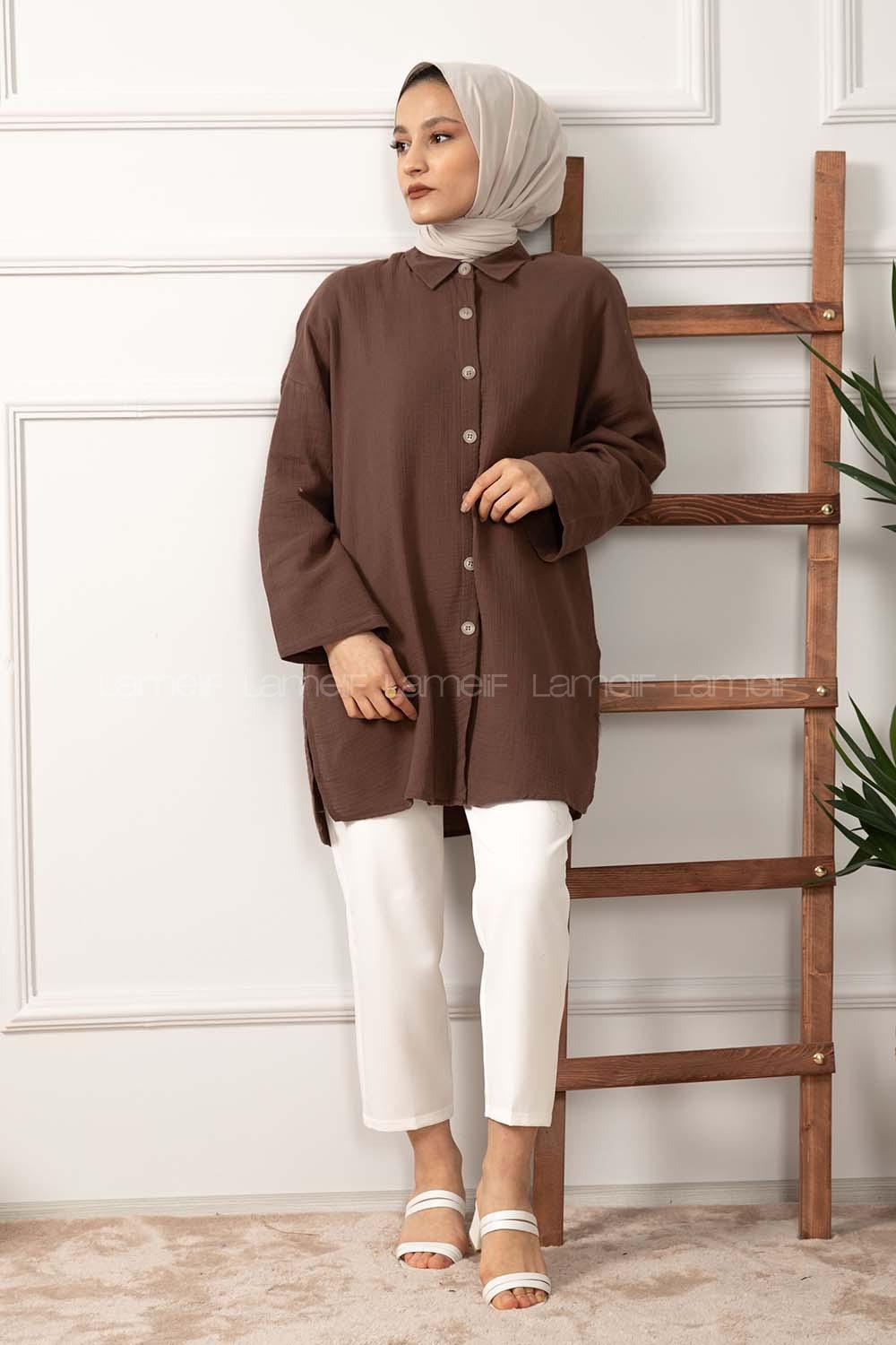 Modalamelif Yan Yırtmaçlı Gömlek Acı Kahve