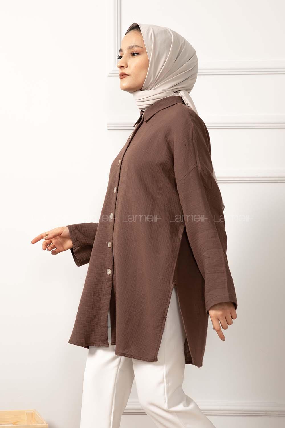 Modalamelif Yan Yırtmaçlı Gömlek Acı Kahve