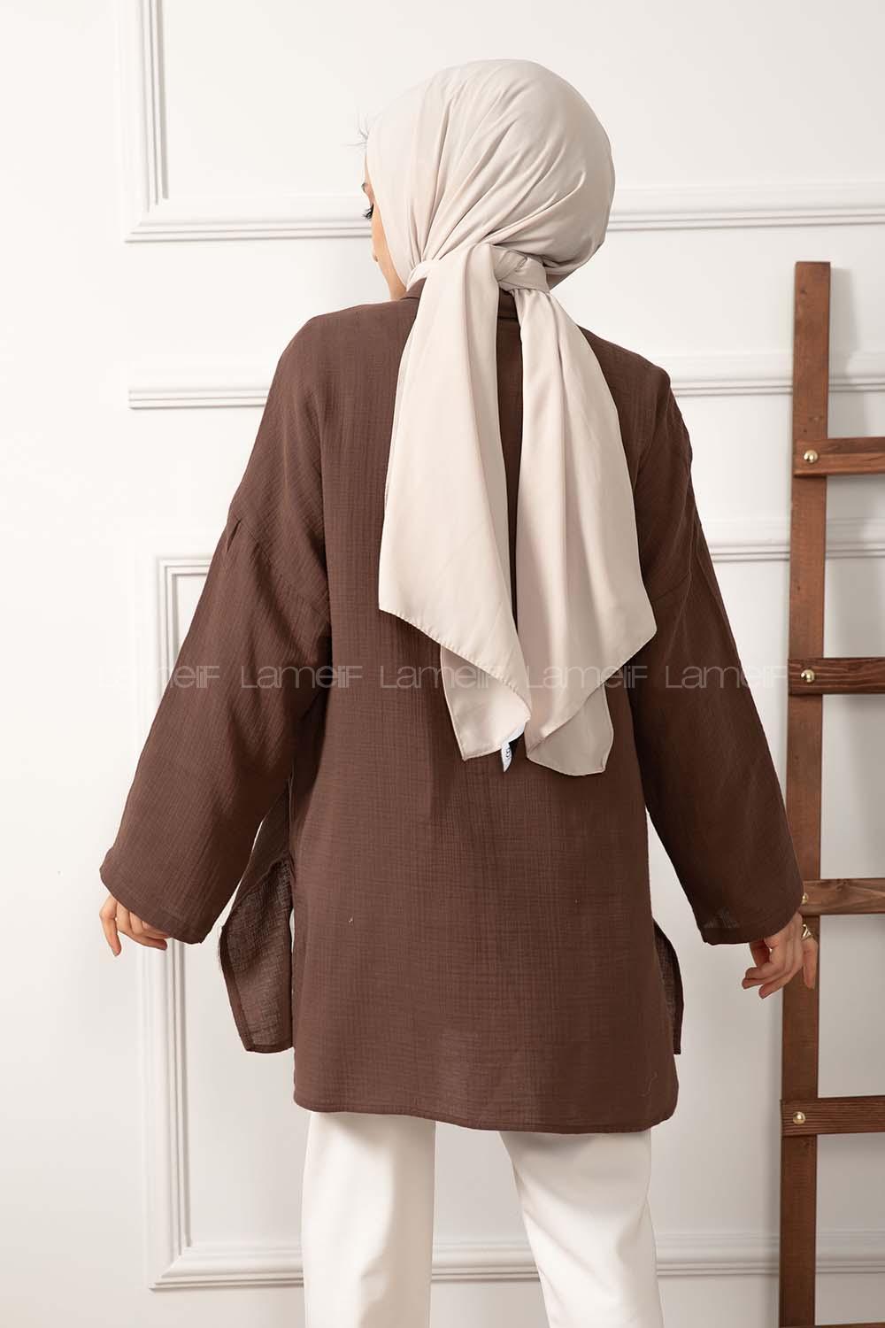 Modalamelif Yan Yırtmaçlı Gömlek Acı Kahve