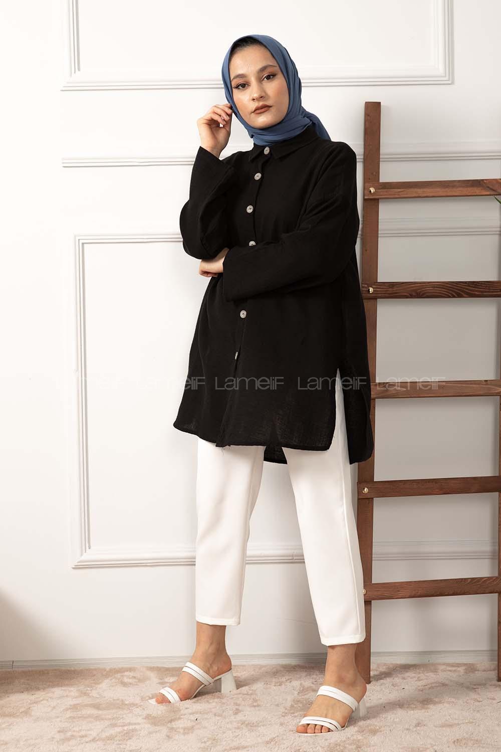 Modalamelif Yan Yırtmaçlı Gömlek Siyah