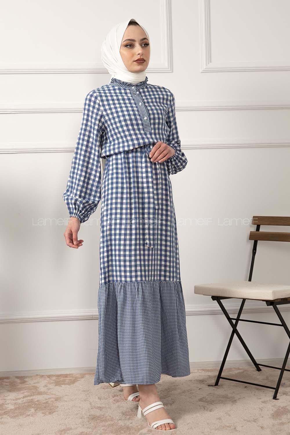 Modalamelif Yarım Balıkçı Yaka Pötikare Elbise Açık Mavi