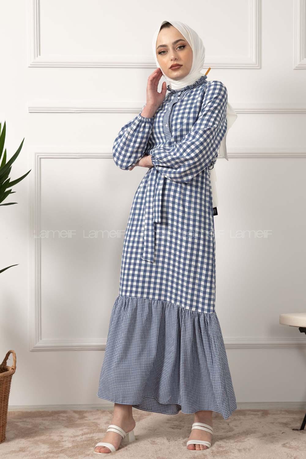 Modalamelif Yarım Balıkçı Yaka Pötikare Elbise Açık Mavi