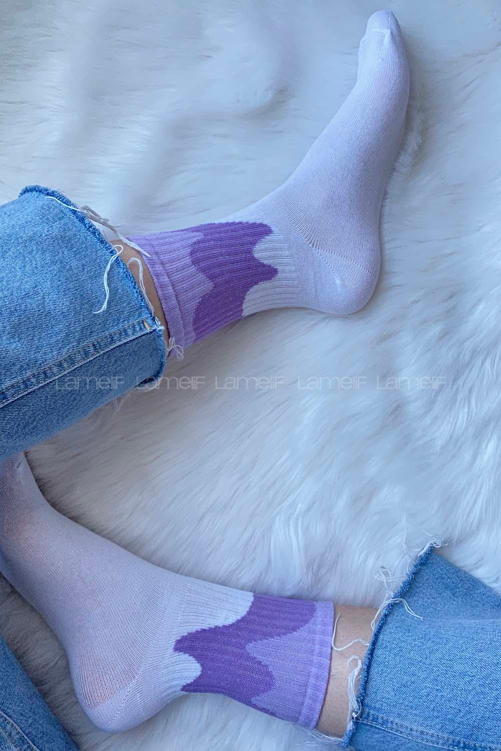 Modalamelif Açık Lila Geçişli Soket Çorap Beyaz-Lila