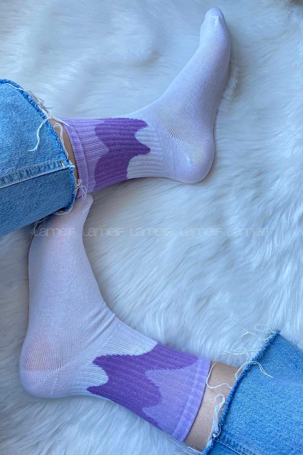 Modalamelif Açık Lila Geçişli Soket Çorap Beyaz-Lila