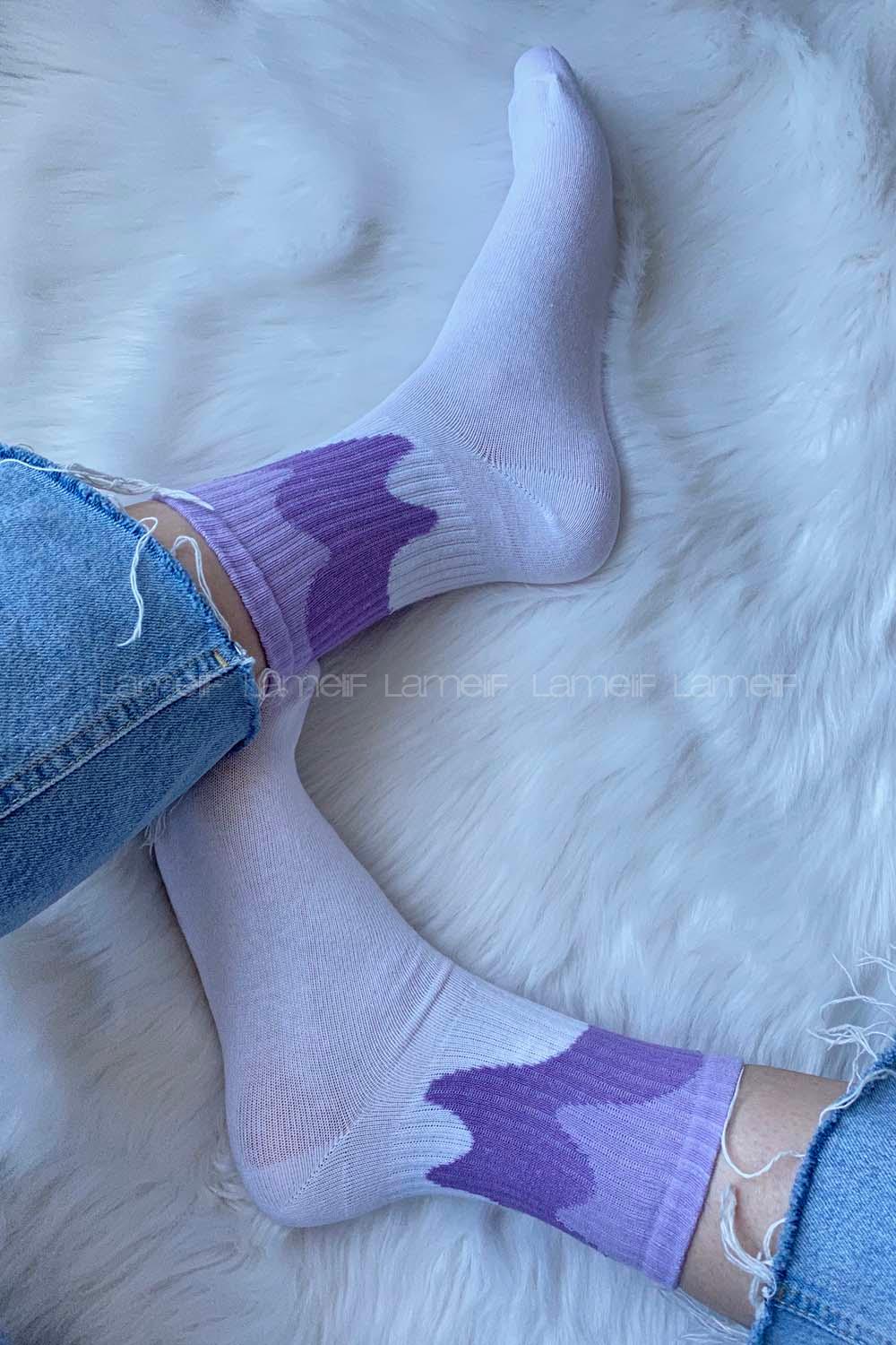 Modalamelif Açık Lila Geçişli Soket Çorap Beyaz-Lila