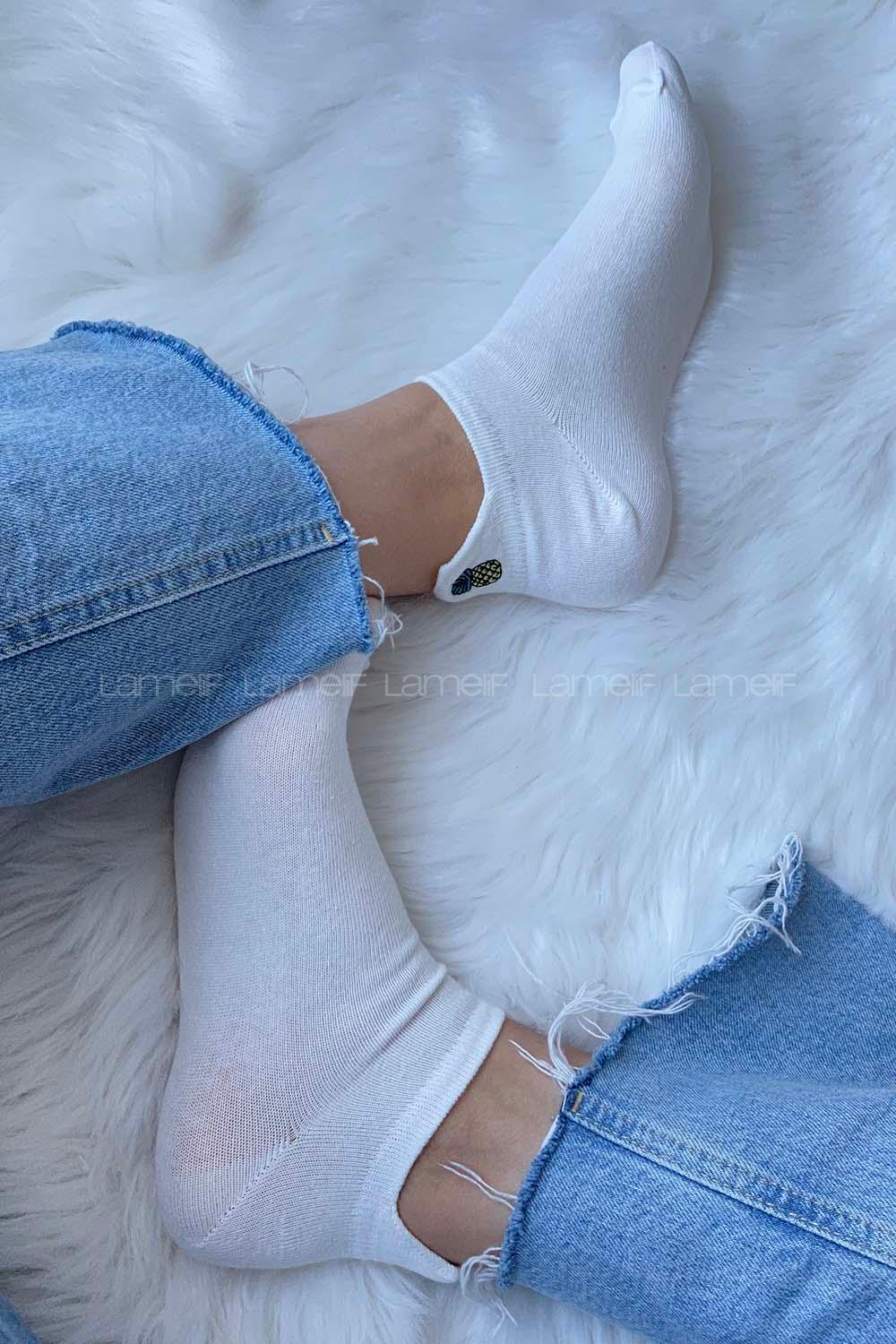 Modalamelif Ananas İşlemeli Patik Çorap Ekru