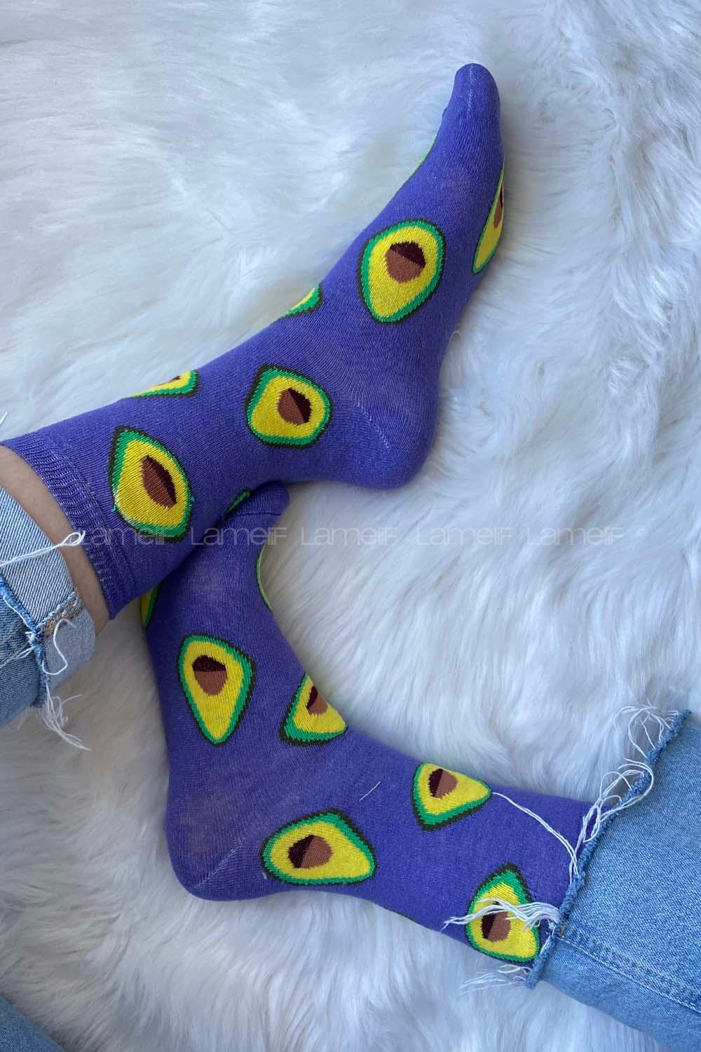 Modalamelif Avakado İşlemeli Soket Çorap Mor