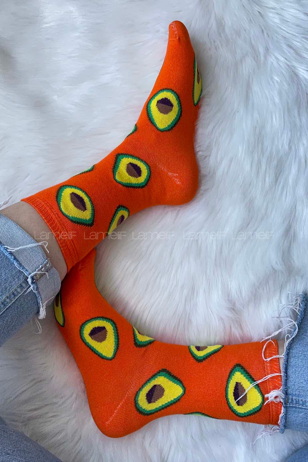 Modalamelif Avakado İşlemeli Soket Çorap Oranj