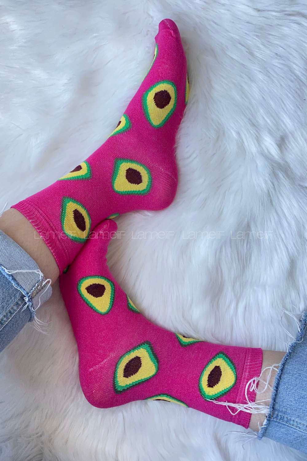 Modalamelif Avakado İşlemeli Soket Çorap Pembe