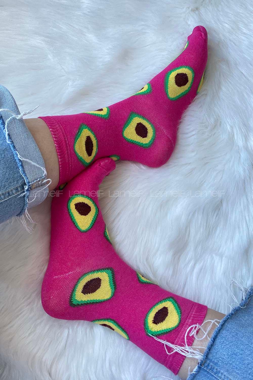 Modalamelif Avakado İşlemeli Soket Çorap Pembe