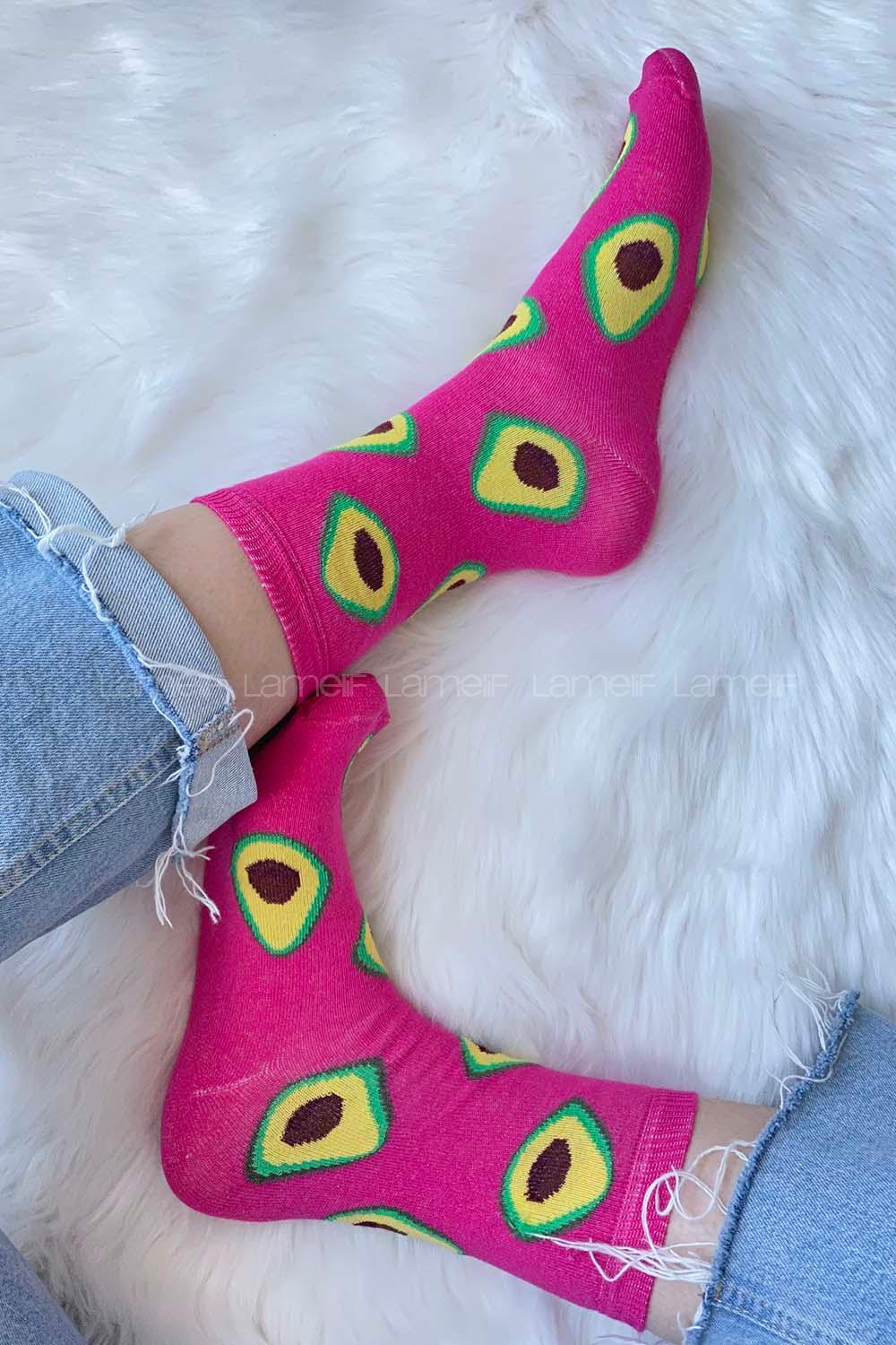 Modalamelif Avakado İşlemeli Soket Çorap Pembe