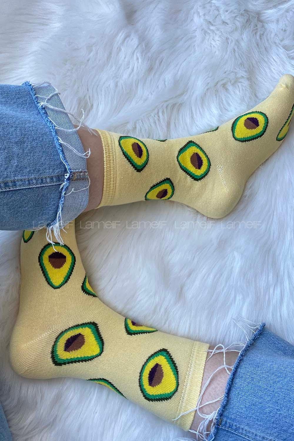 Modalamelif Avakado İşlemeli Soket Çorap Soft Sarı