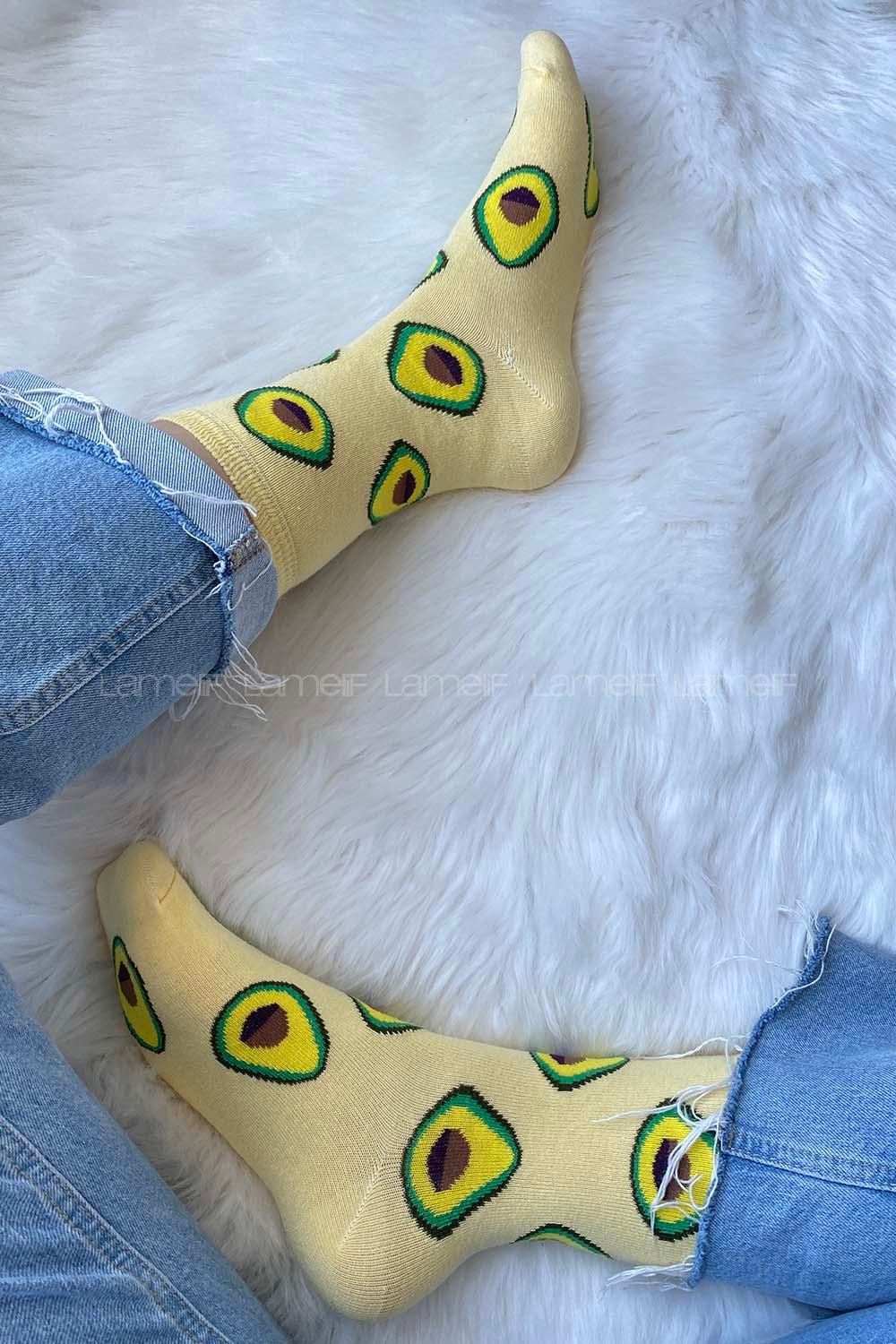 Modalamelif Avakado İşlemeli Soket Çorap Soft Sarı