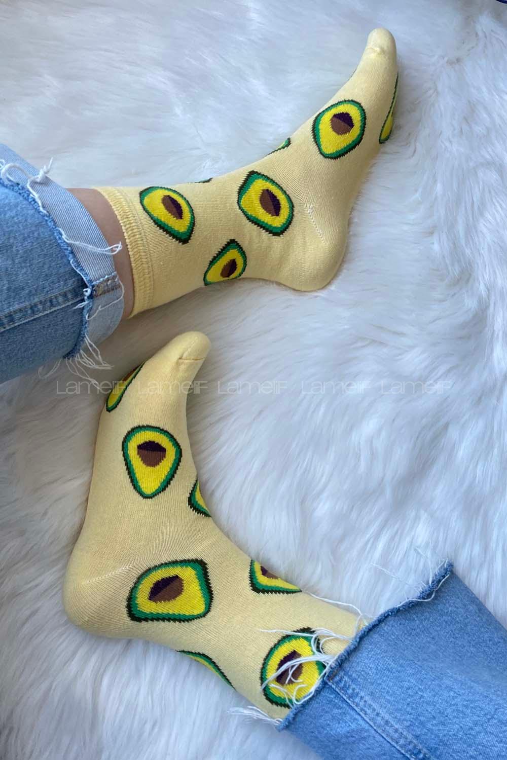 Modalamelif Avakado İşlemeli Soket Çorap Soft Sarı