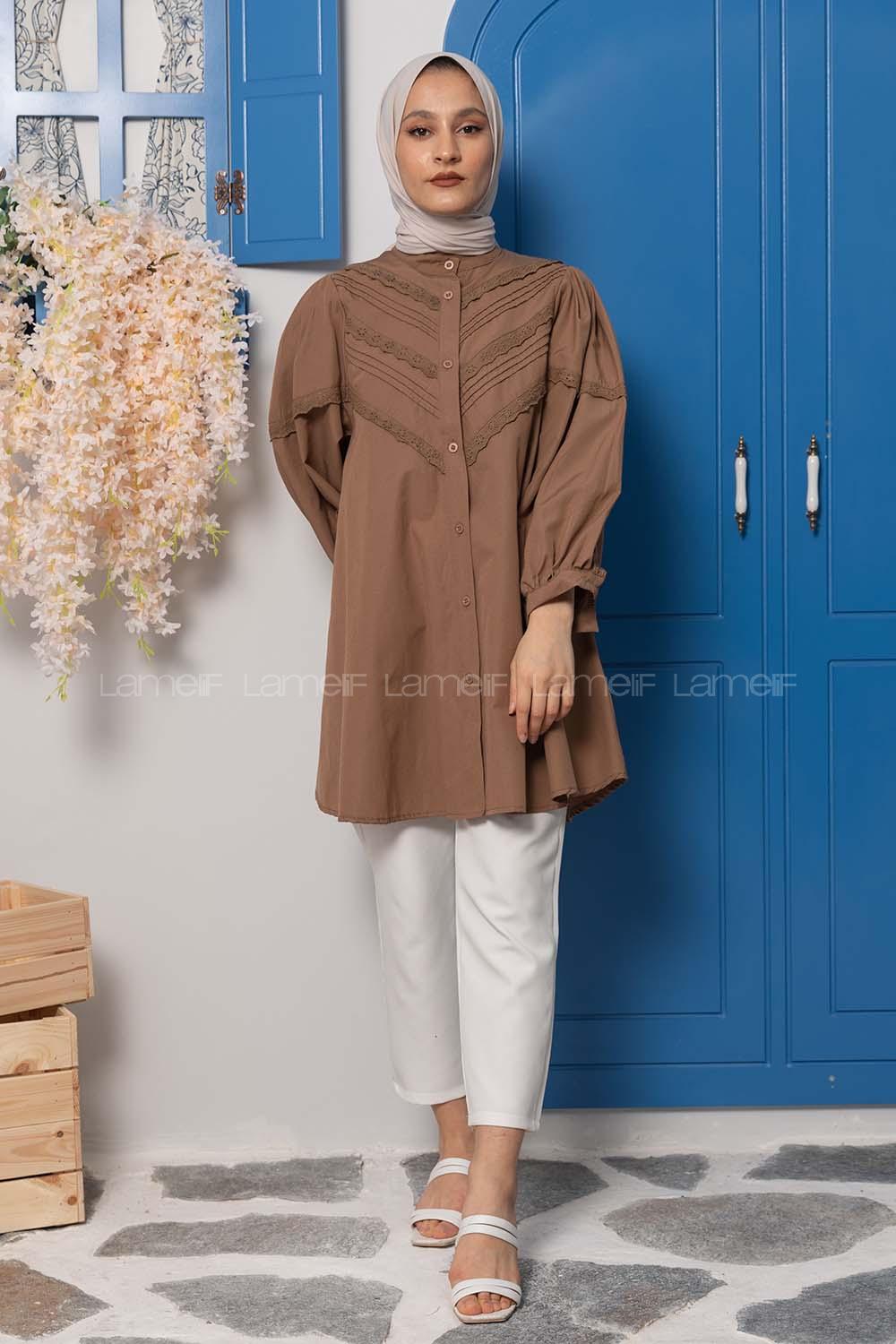 Modalamelif Balon Kol Gipeli Gömlek Tunik Acı Kahve