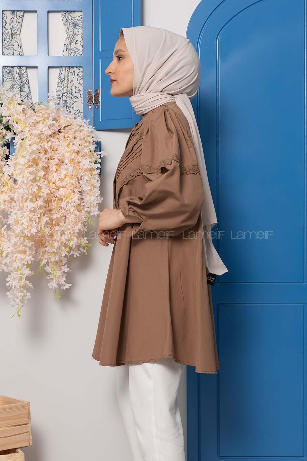 Modalamelif Balon Kol Gipeli Gömlek Tunik Acı Kahve