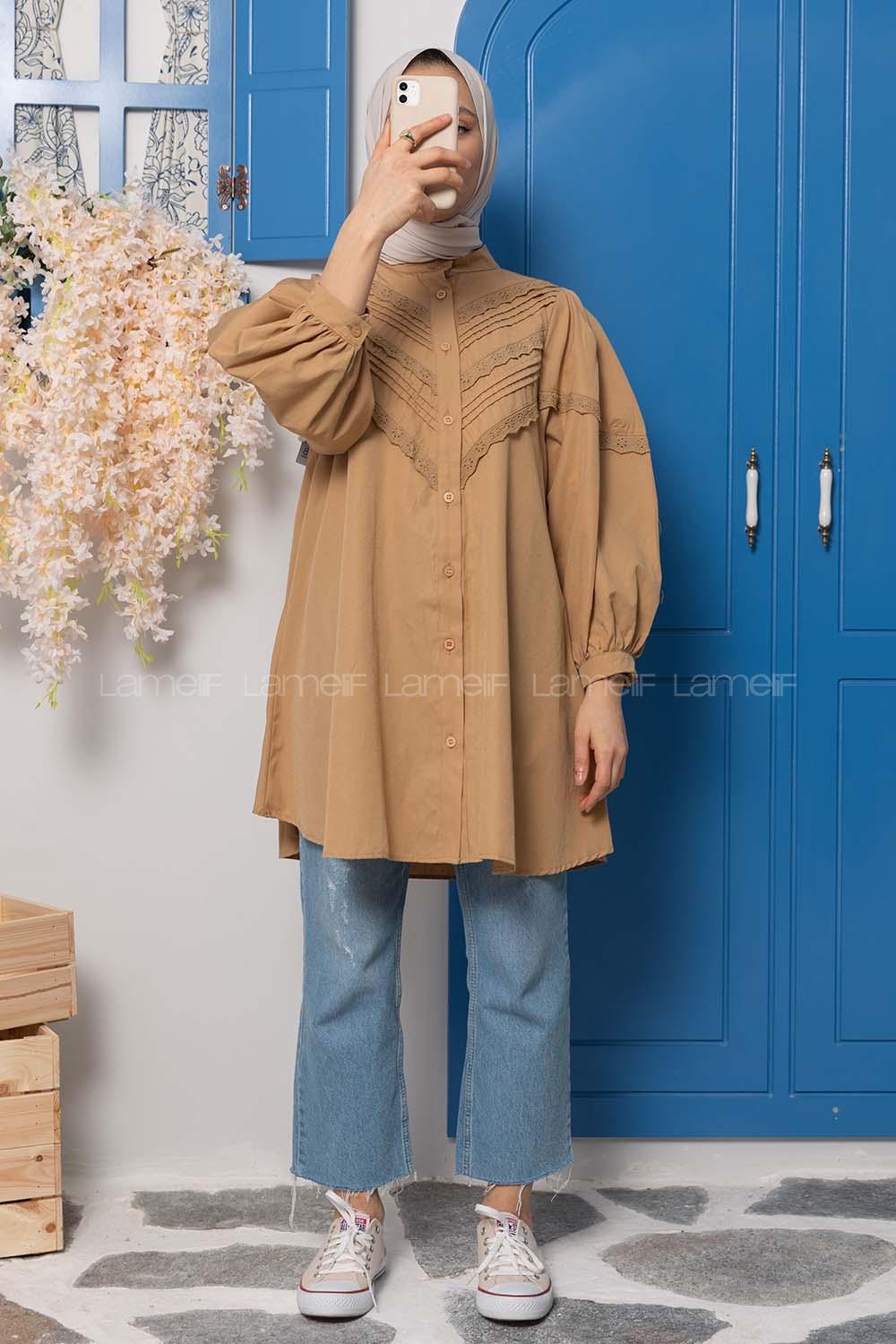 Modalamelif Balon Kol Gipeli Gömlek Tunik Camel