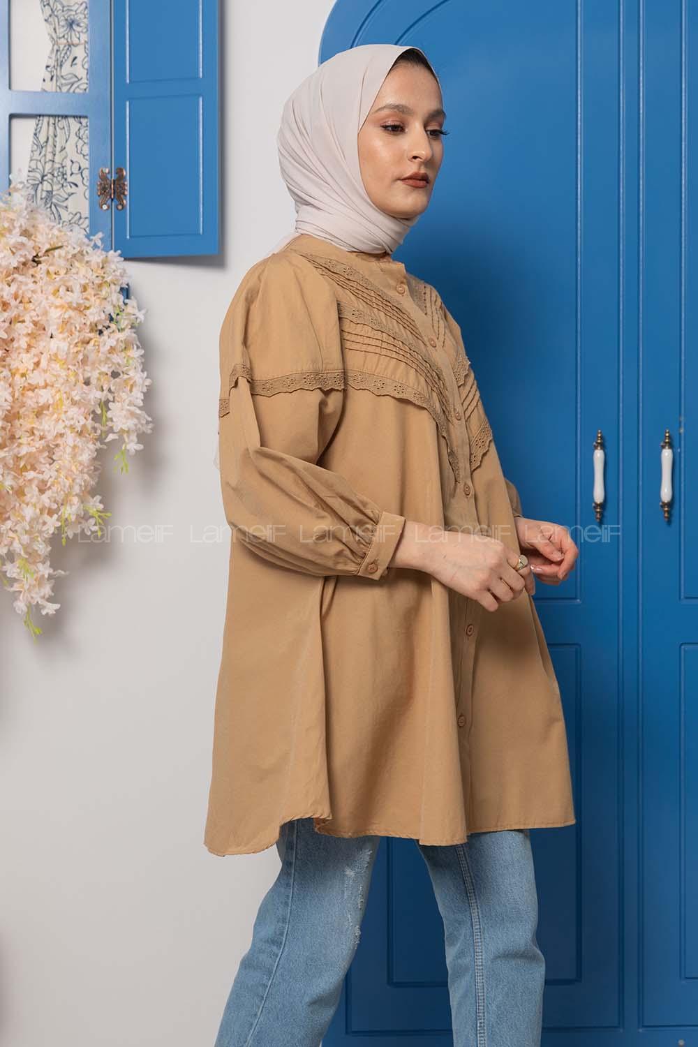 Modalamelif Balon Kol Gipeli Gömlek Tunik Camel