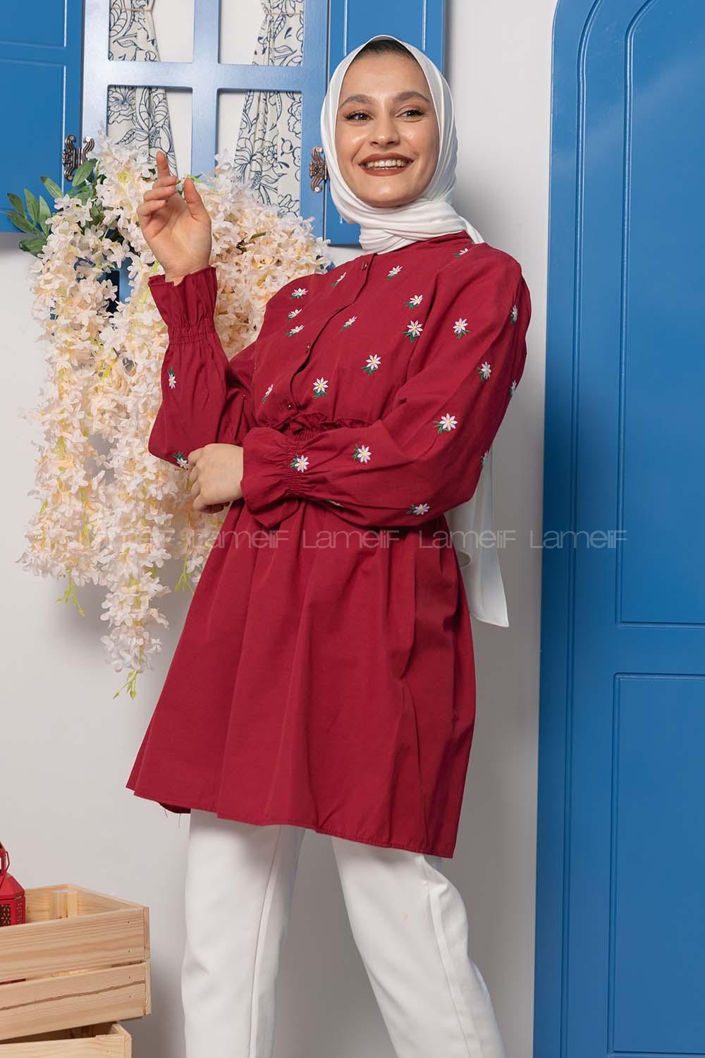 Modalamelif Bel Lastikli Nakışlı Tunik Bordo