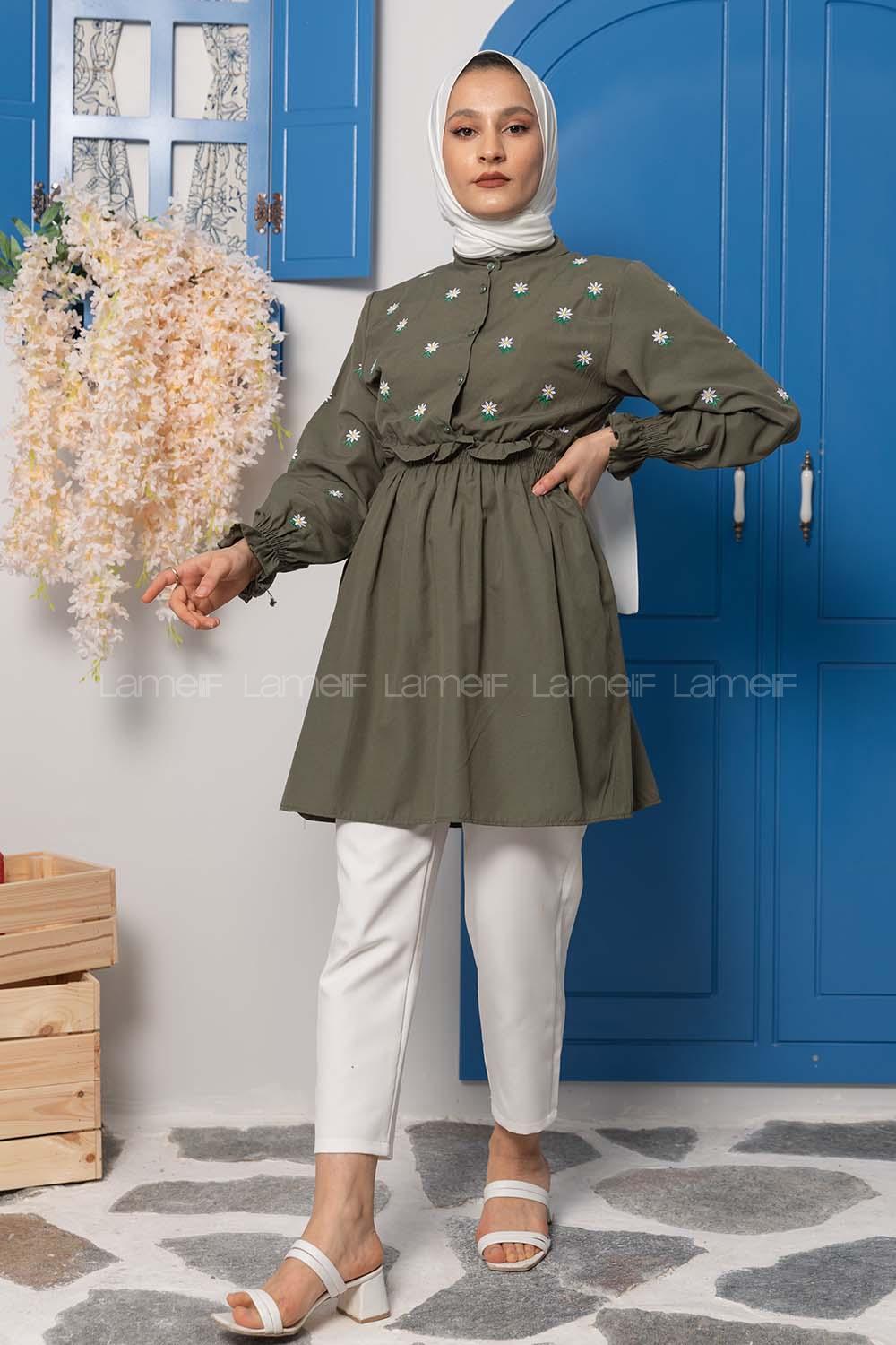 Modalamelif Bel Lastikli Nakışlı Tunik Haki