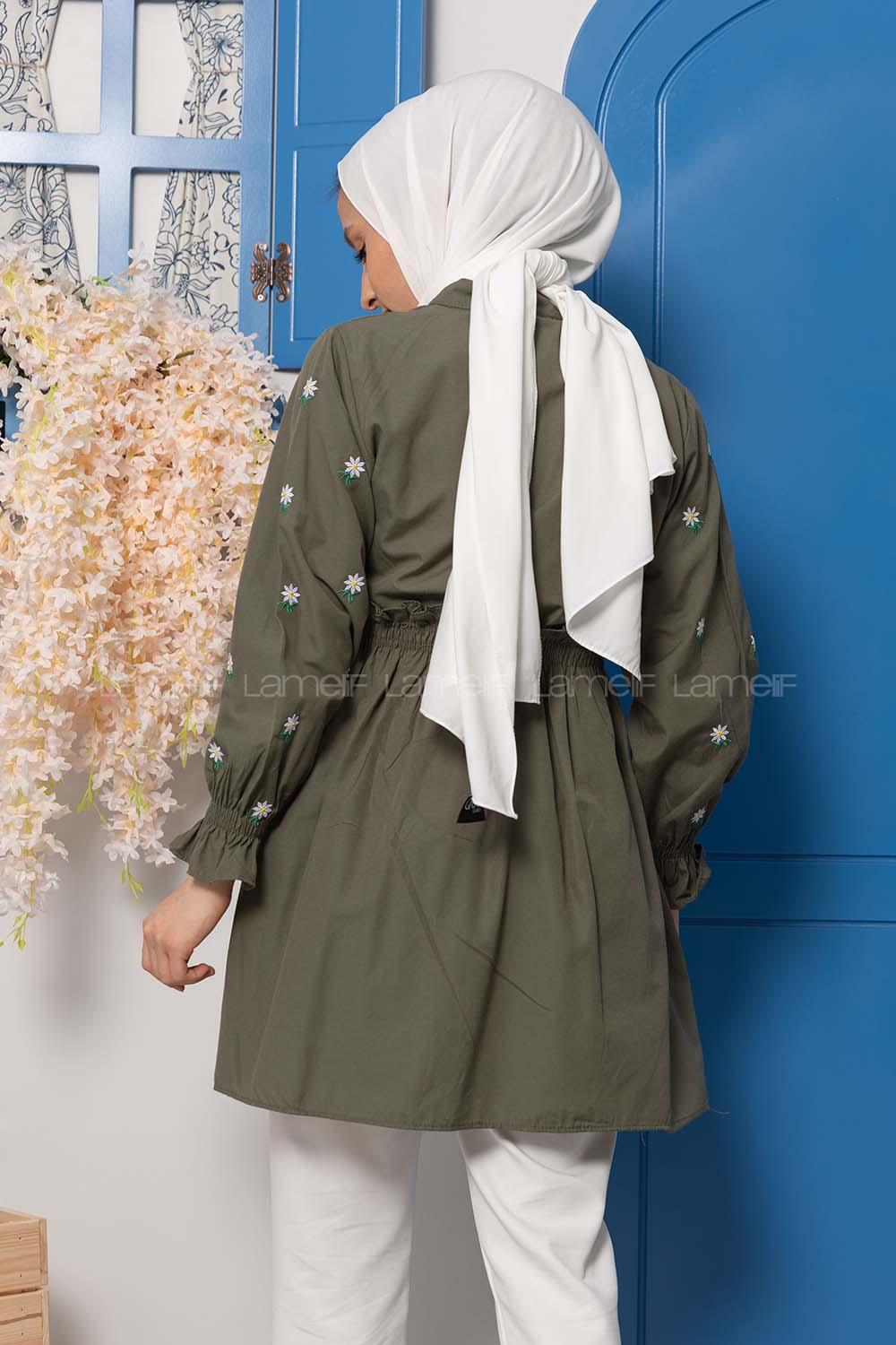 Modalamelif Bel Lastikli Nakışlı Tunik Haki