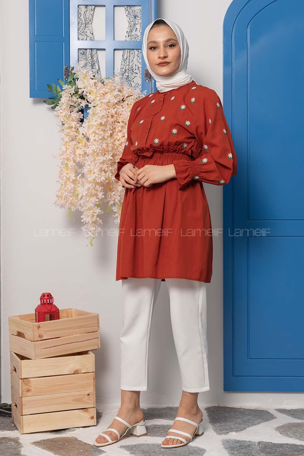 Modalamelif Bel Lastikli Nakışlı Tunik Koyu Kiremit