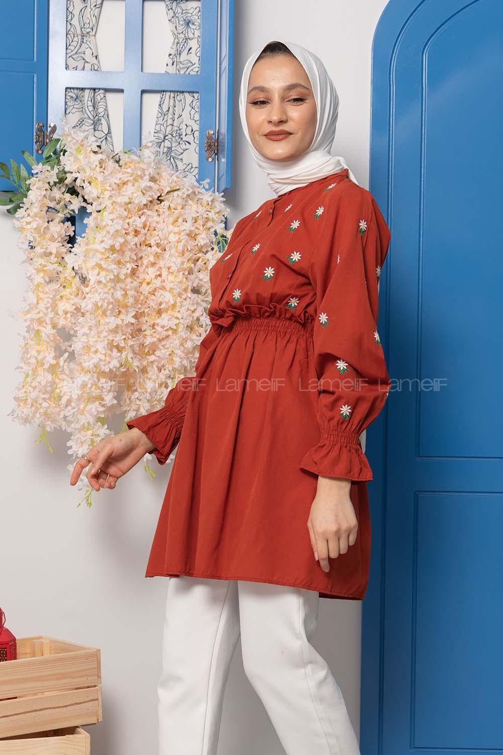 Modalamelif Bel Lastikli Nakışlı Tunik Koyu Kiremit