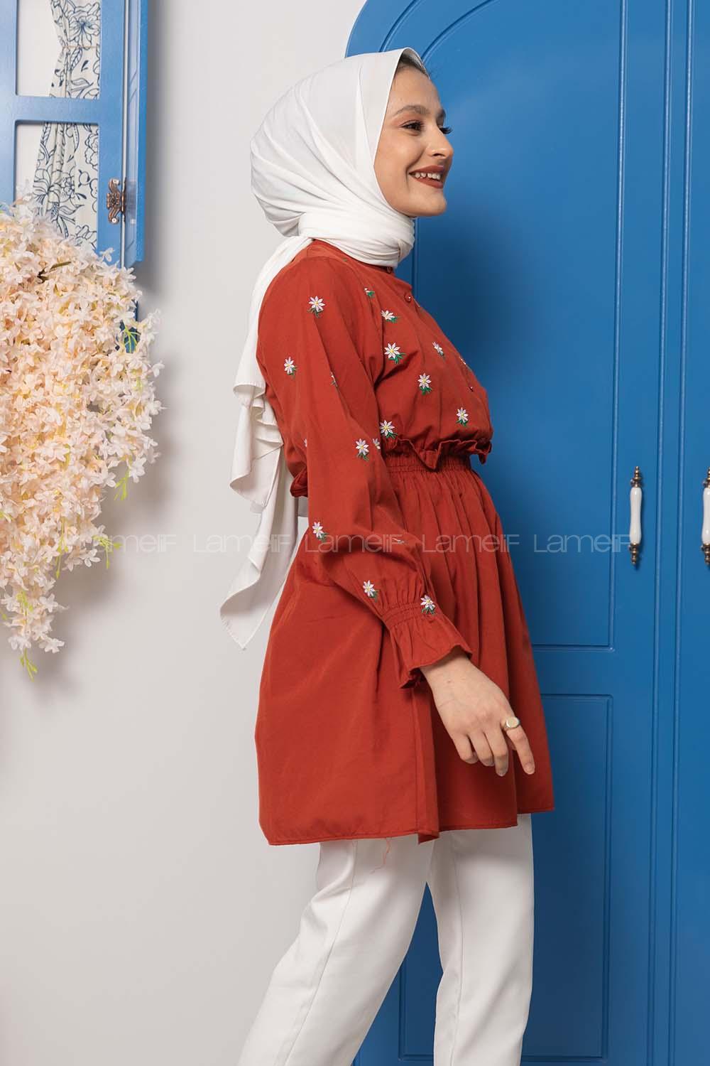 Modalamelif Bel Lastikli Nakışlı Tunik Koyu Kiremit