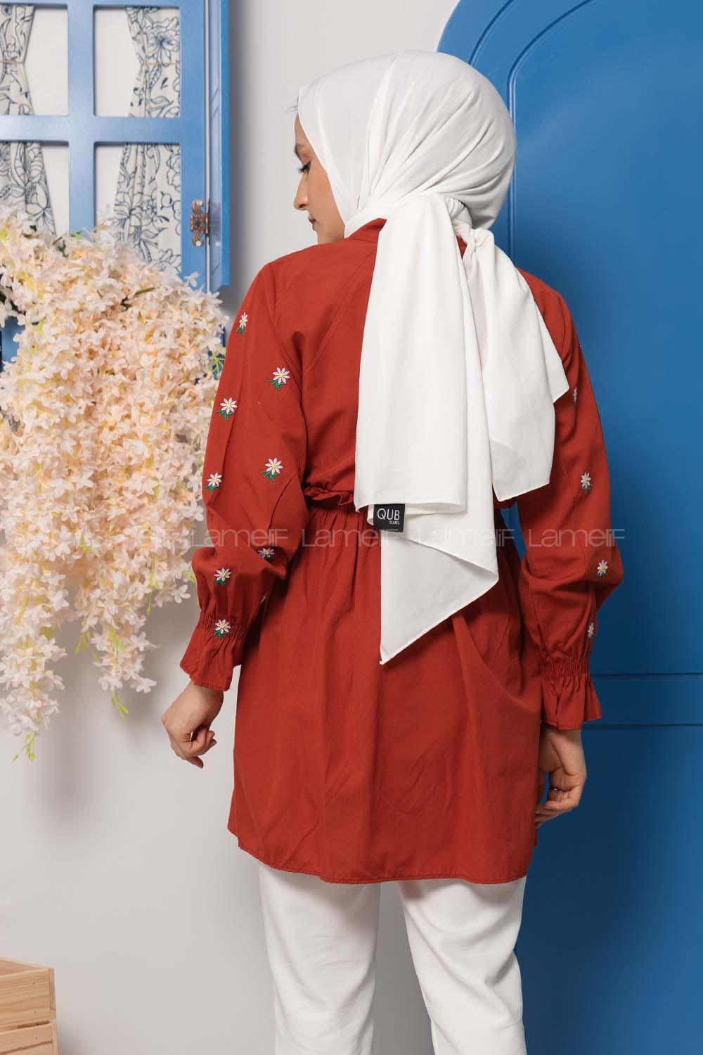 Modalamelif Bel Lastikli Nakışlı Tunik Koyu Kiremit